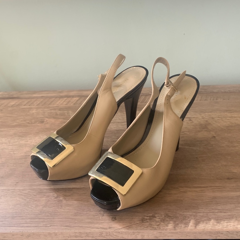 Nine West Tan Peep-Toe Slingback Heels